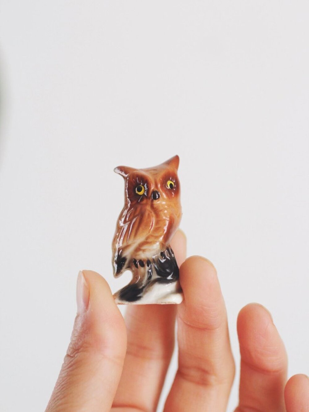 Vintage Hand-Painted Ceramic Owl Figurine Miniature Trinket Bone China Mid Centu